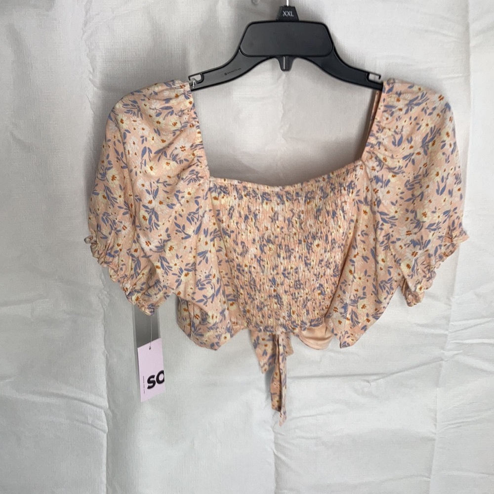 SO top floral print tie front smocked back puff sleeve crop top boho L jrs - Picture 14 of 16